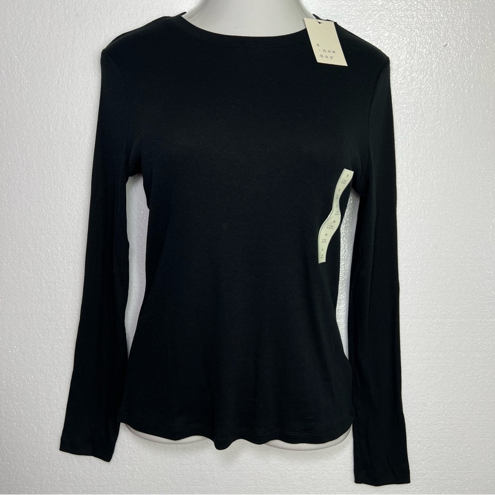 A New Day Black Fitted Long Sleeve Jersey Tee Basic Crewneck Top M NWT